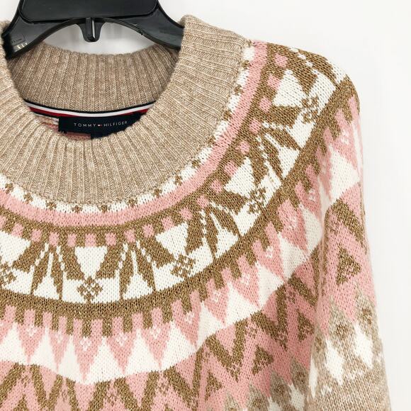 TOMMY HILFIGER Womens Pullover Sweater 1X Tan Pink Knit Metallic Fairisle NWT - Picture 4 of 11